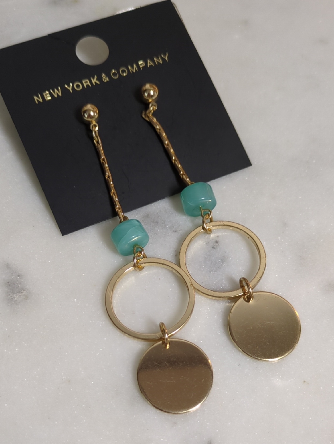 New York & Company Gold Teal Bead Dangle Earrings